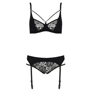 Комплект білизни Passion PAULINE SET L/XL, black, стрепи, ліф, стрінги і пояс для панчох EL15804 фото